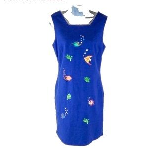 Ultra Dress Linen tropical fish embroidered sheath dress blue women size 10P